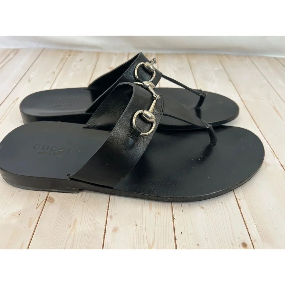 GUCCI Black Solid Leather Men Thong Horsebit Sandal UK 9/USA / EU 43 Rare